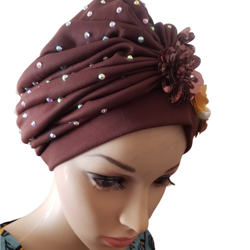 Elegant Brown Turban Headwrap Embellished with Rhinestones and Flowers for Women - Picture 7 of 8